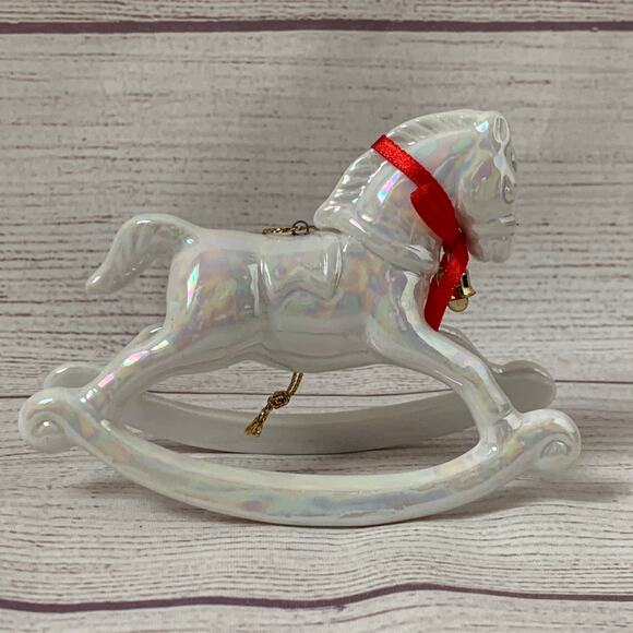 White Iridescent Rocking Horse Ornament with Red Bow and Bell 3 1/4" Tall - Picture 2 of 16